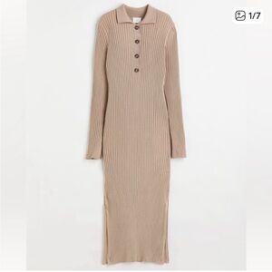H&M Beige Ribbed Long Sleeve Midi Dress